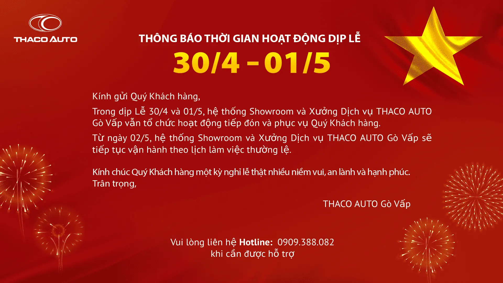 THÔNG BÁO THỜI GIAN HOẠT ĐỘNG DỊP LỄ 30.4 - 1.5